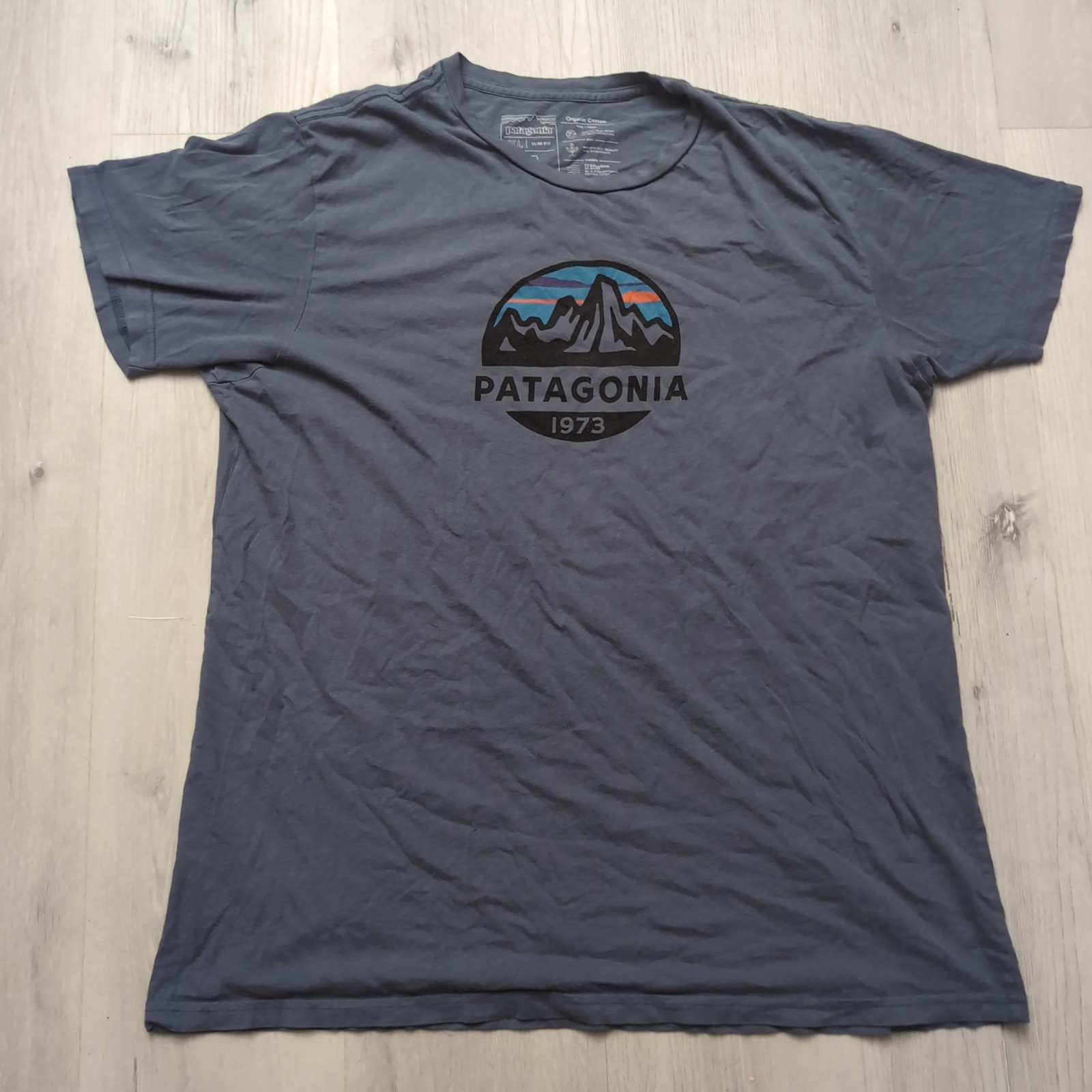 Patagonia Mens 1973 Logo T-Shirt XL Slim Fit Organic Cotton Blue Tee Shirt