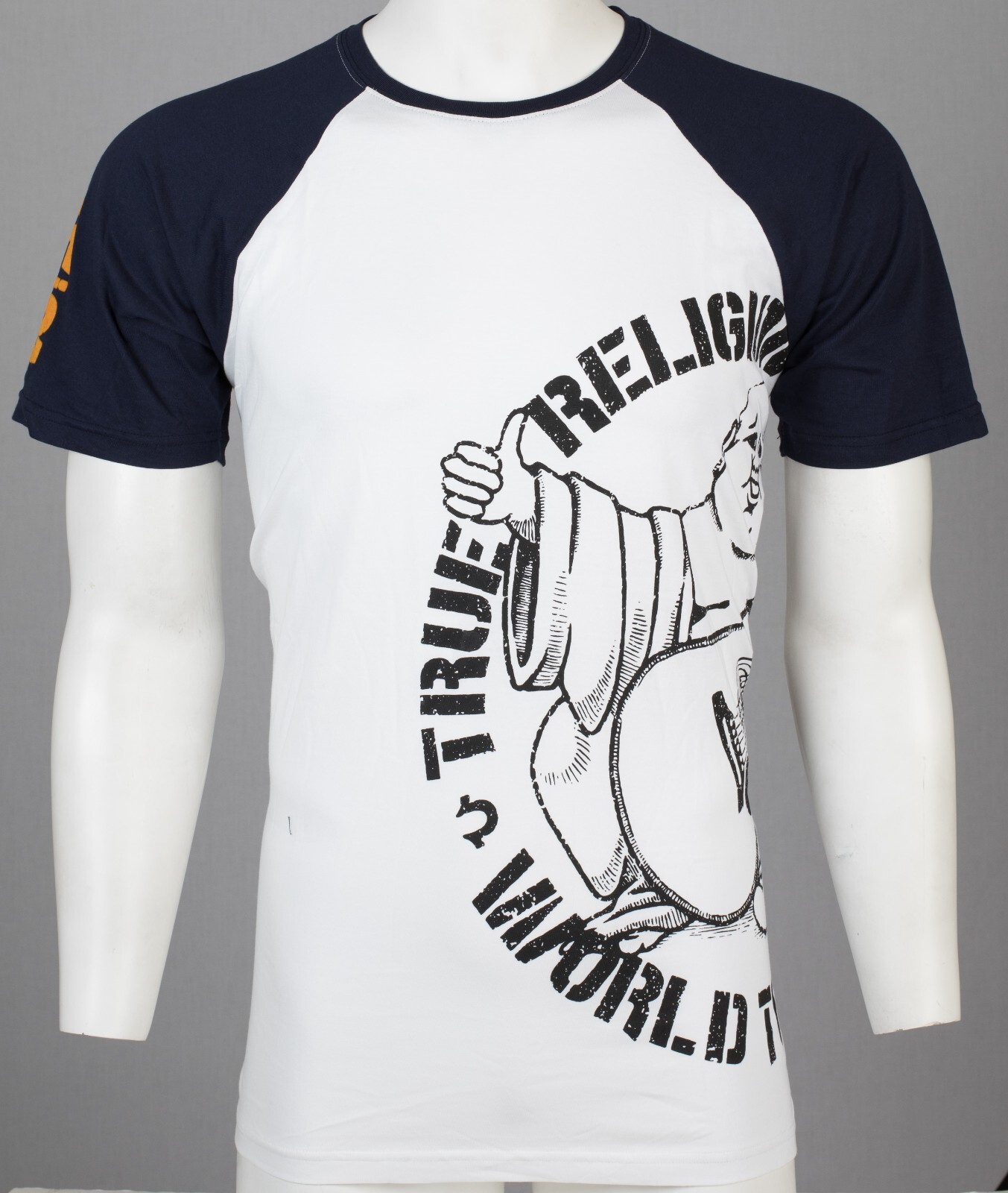 $79 TRUE RELIGION White Navy PART BUDDHA Short Sleeve Designer Raglan T-shirt