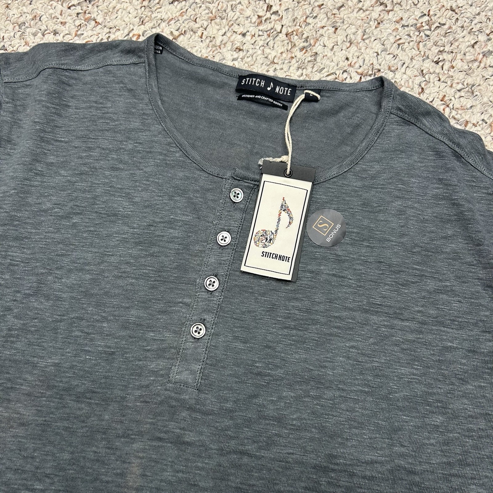 Stitch Note Charcoal Grey Short Sleeve Henley Shirt Size Large NWT 100% Linen