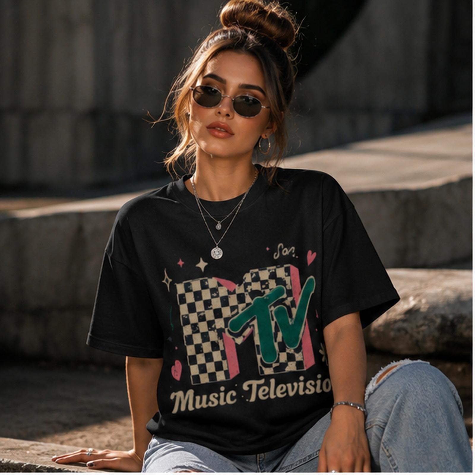 Distressed Checkered Music TV Inspired Graphic Retro 80s 90s T-Shirt