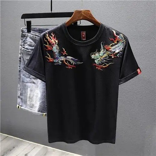 Men’s Dragon Embroidered T-Shirt Casual Short Sleeve Summer Ethnic Style Top