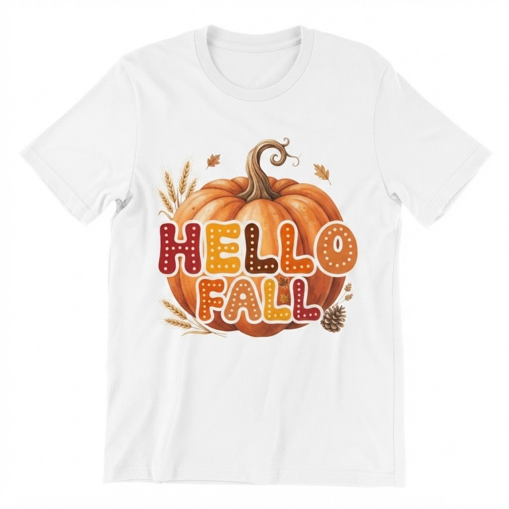 Hello Fall Pumpkin Wheat Pinecones Autumnal Graphic T-shirt For Men Women