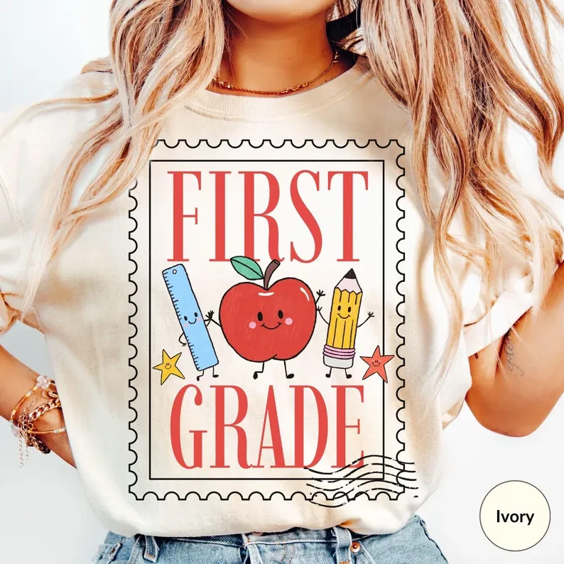 Vintage First Grade Shirt Cute Apple Pencil Postage Stamp Back To School Tee