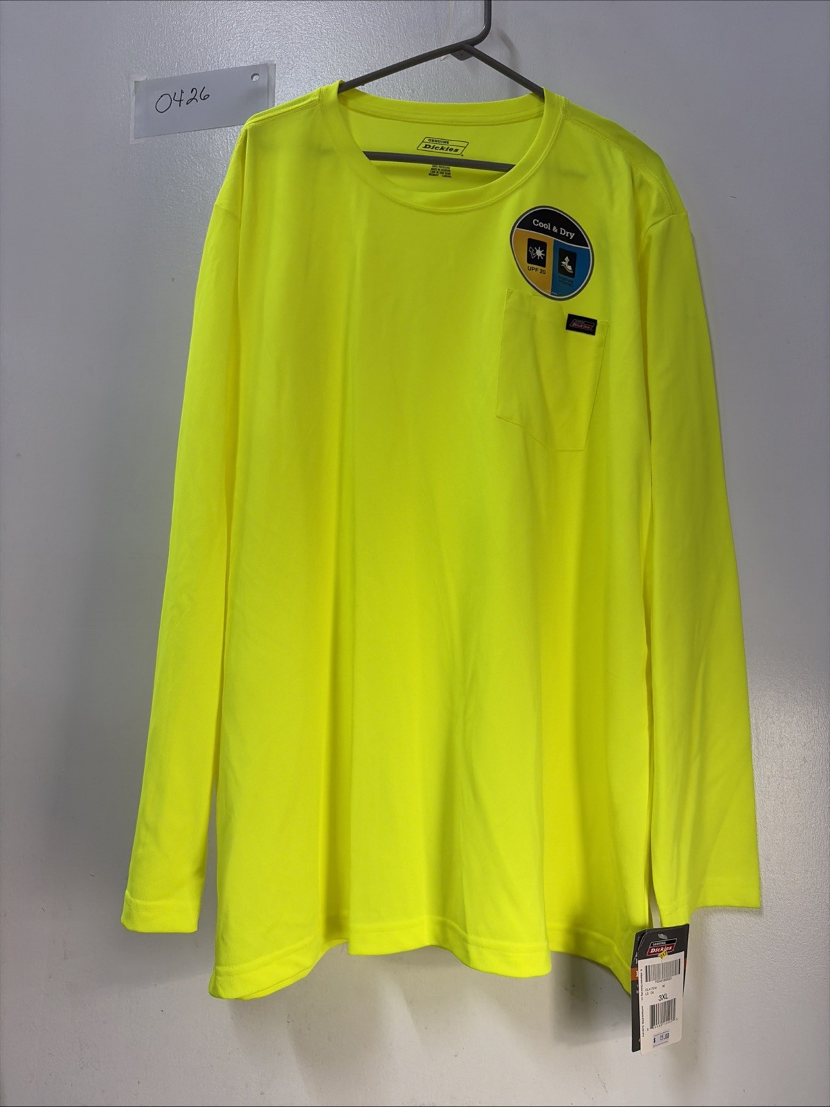 Dickies Men’s Long Sleeve Pocket Tee Cool & Dry Size 3XL Florescent Yellow NWT