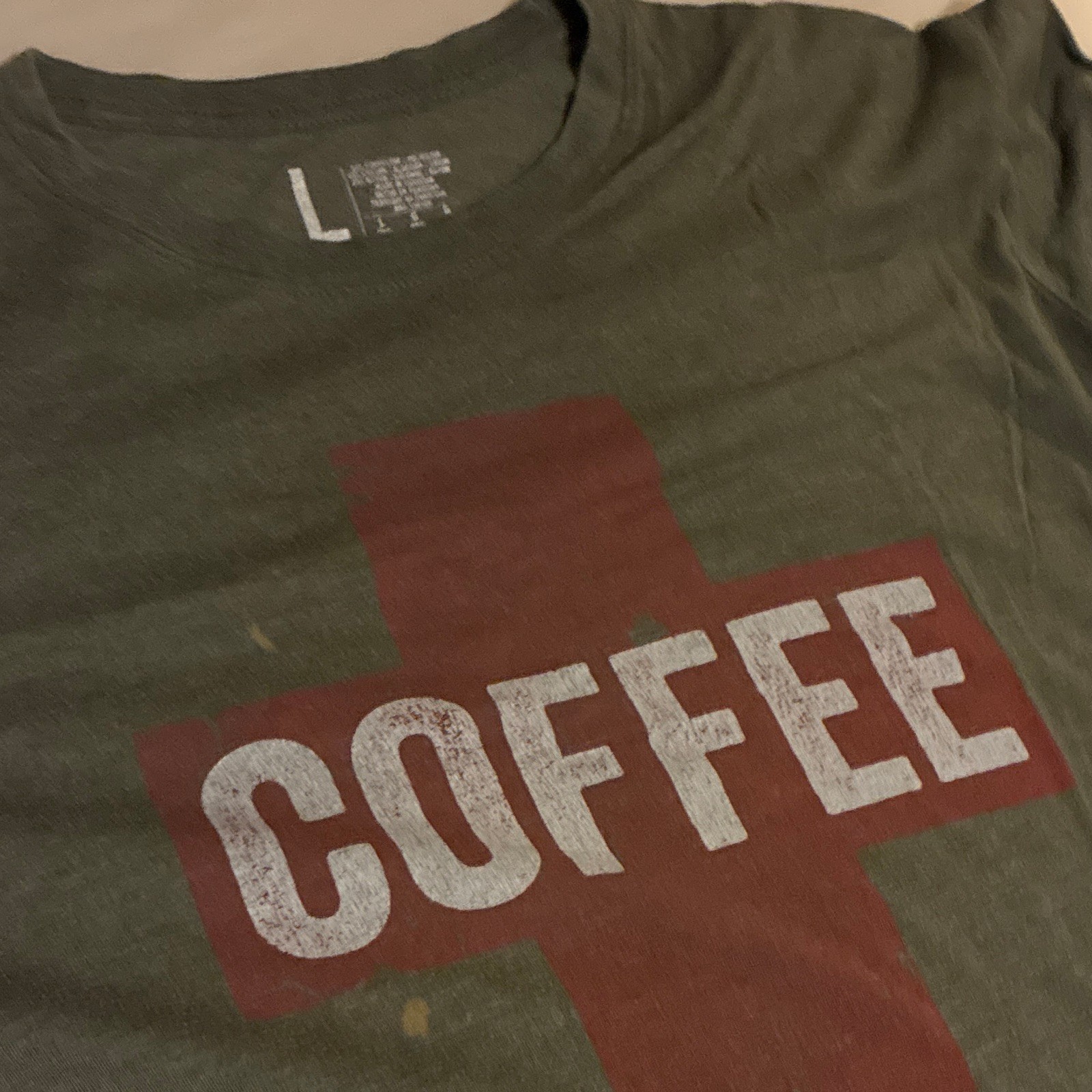 Men’s Green Coffee Graphic Print Crew Neck Short Sleeve Cotton Knit Tee L
