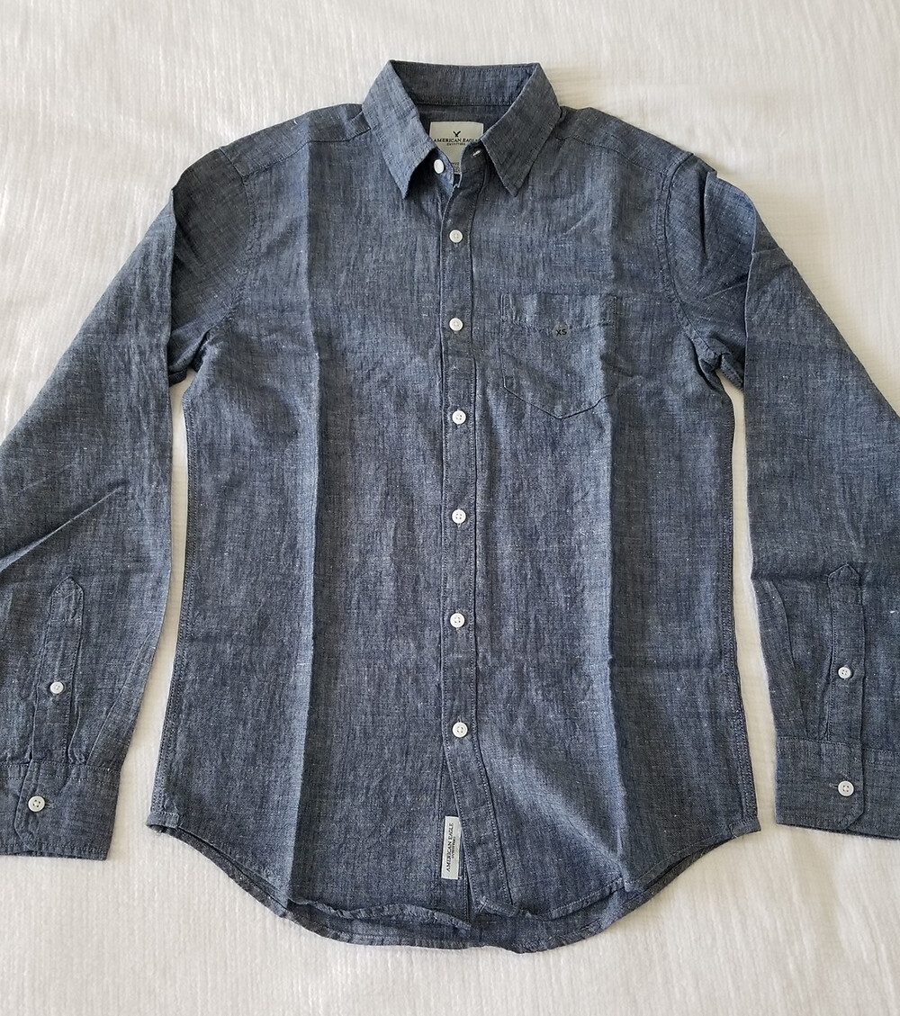 American Eagle AE Men’s Linen Cotton Blend Chambray Button Shirt Navy Blue NWT