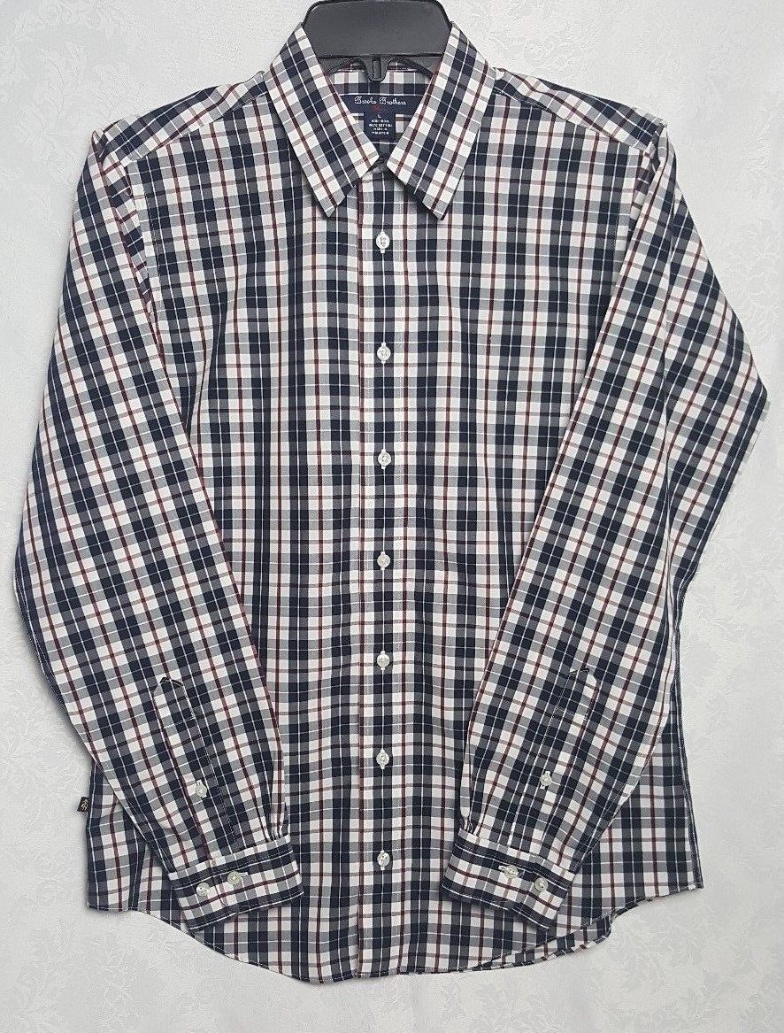 Brooks Brothers Men Shirt Blue/White/Red Plaid Botton Front Non Iron 100% Cotton