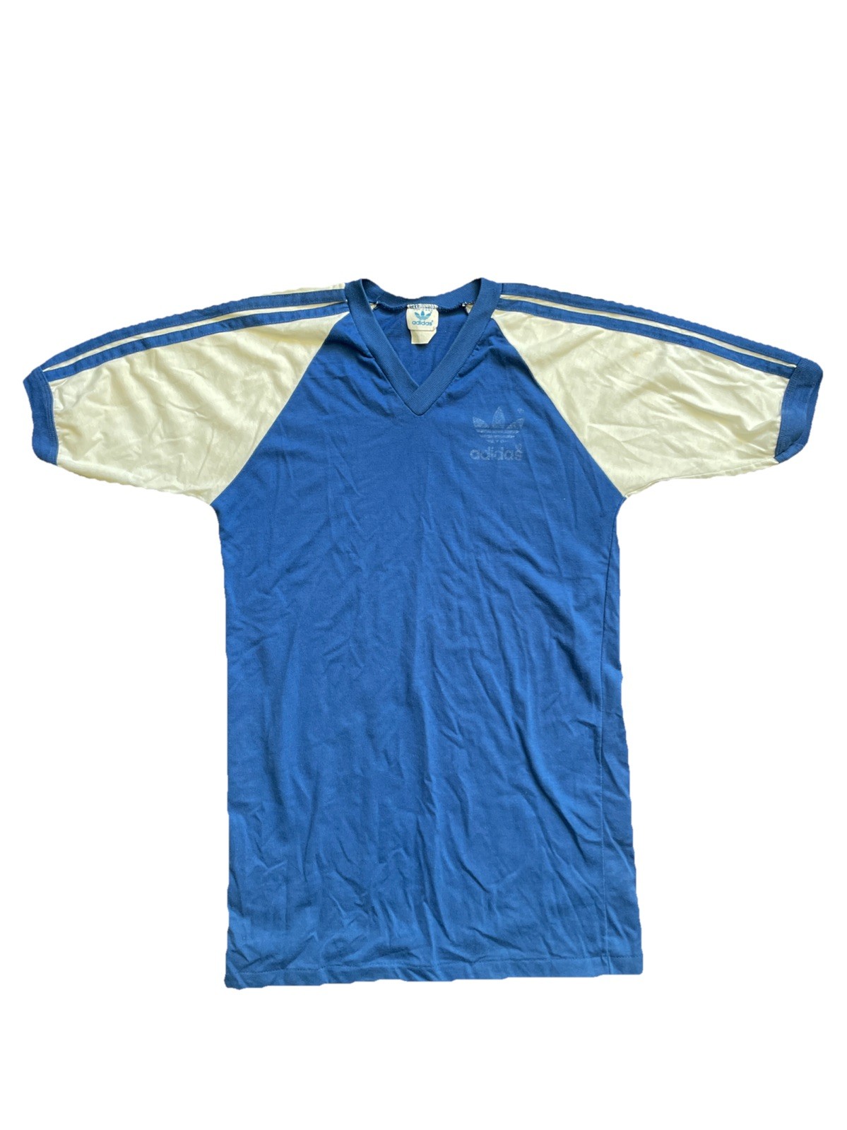 80s Vtg Adidas Trefoil USA MADE V-Neck LONG jersey Tee shirt blue white size M