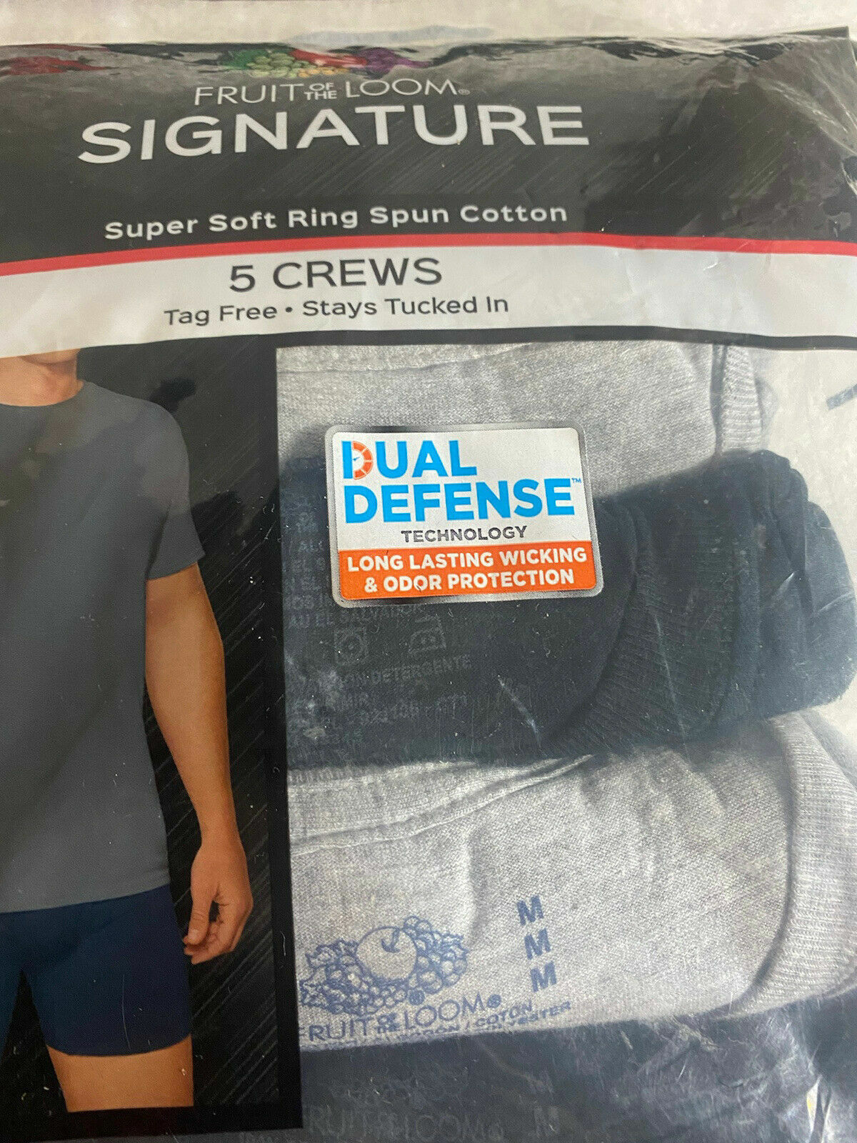NWT Fruit of The Loom Pack of 5 Men’s Black/Gray Crew T-Shirts MEDIUM (38-40)