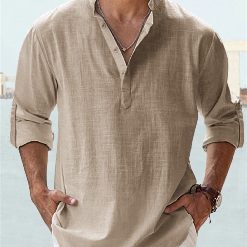 Men’s Casual Henley Shirt Long Sleeve Linen Cotton Loose Fit Summer T-Shirt