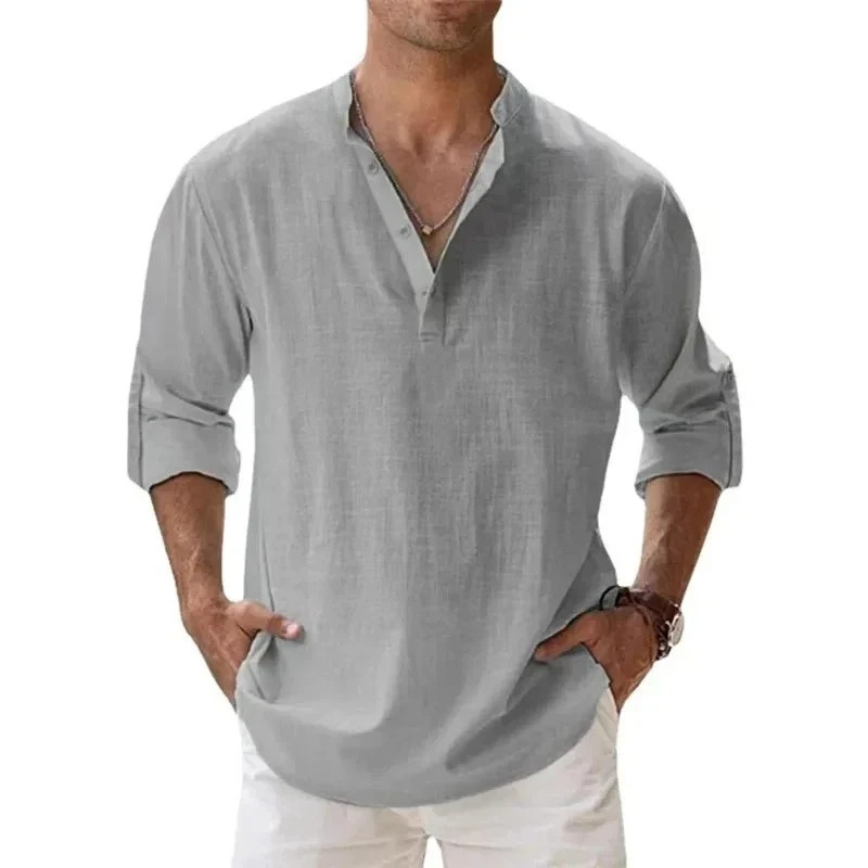Men’s Cotton Linen Henley Long Sleeve Shirt Casual Beach T-shirt Tee Summer Gift