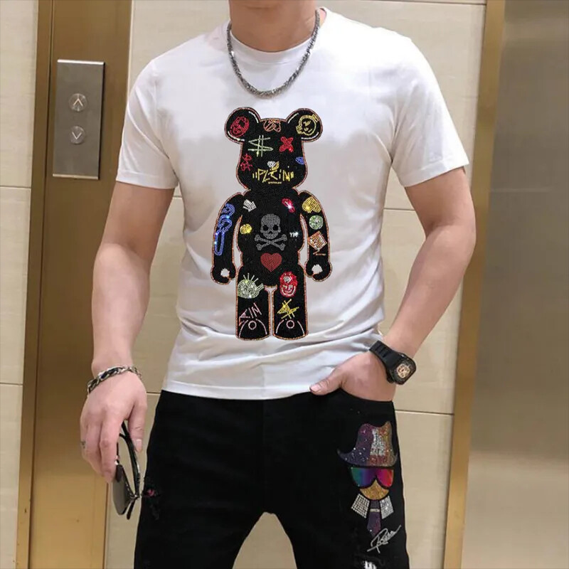 New Fashion Rhinestones Bear Short Sleeve Luxury Men Black White T-Shirt