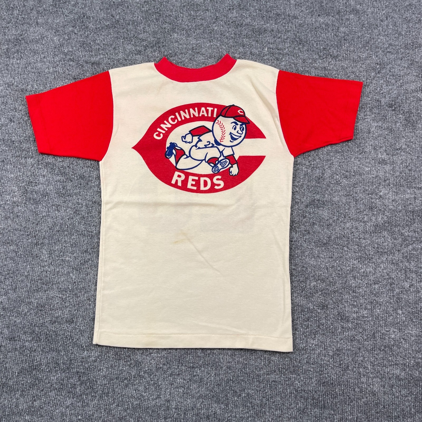 Vintage 70s Cincinnati Reds Mike #28 Baseball Shirt Teens Medium 15×22 Ivory