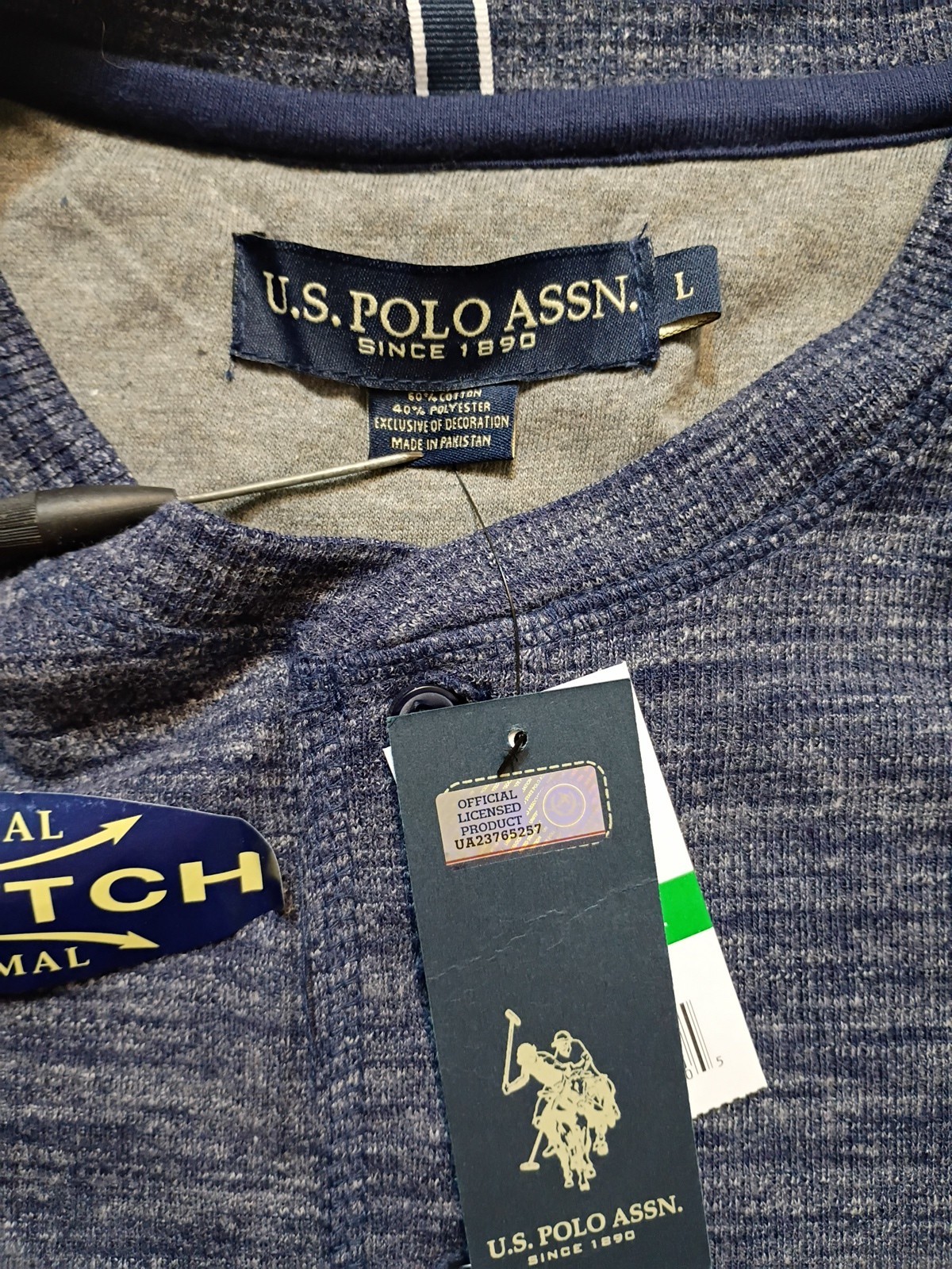New US Polo Assn Mens Henley Shirt Blue Waffle Knit Long Sleeve Large 11406701