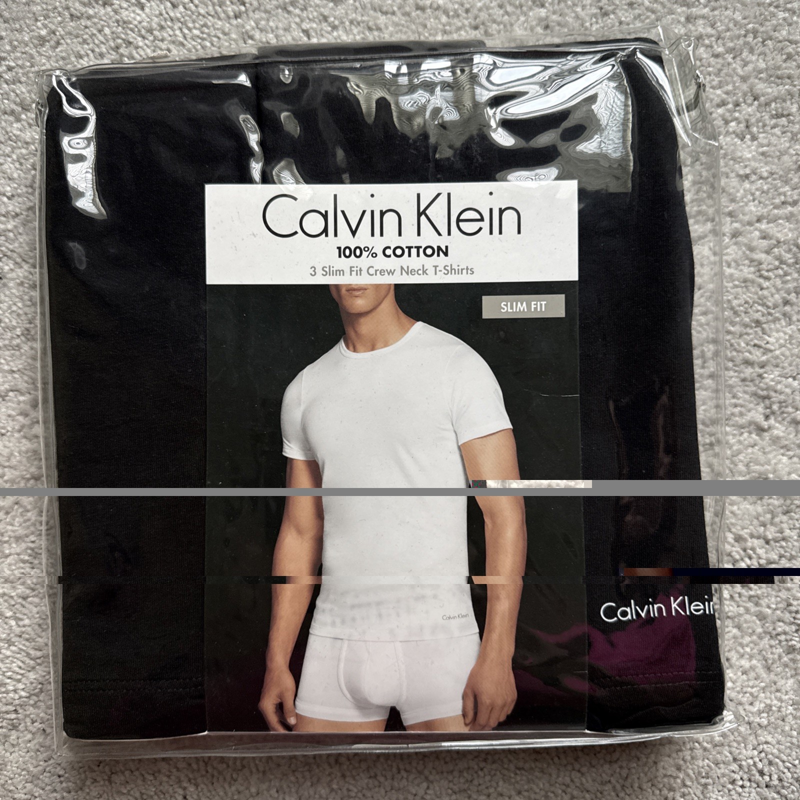 NWT Calvin Klein 100% Cotton 3 Pack Slim Fit Black Crew Neck T-Shirts Mens Sz L