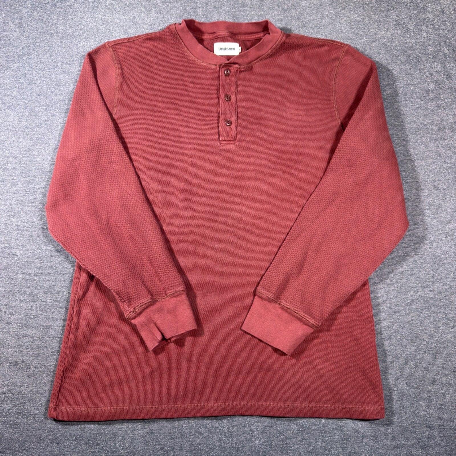 Taylor Stitch Henley Men 42 L Burgundy Heavy Bag Long Sleeve Waffle Knit Cotton