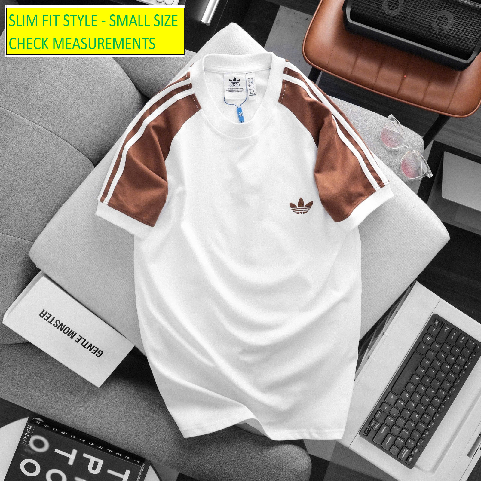 ADIDAS ORIGINALS 3-STRIPES CALIFORNIA Retro Trefoil TEE SHIRT ~ BROWN SLIM FIT