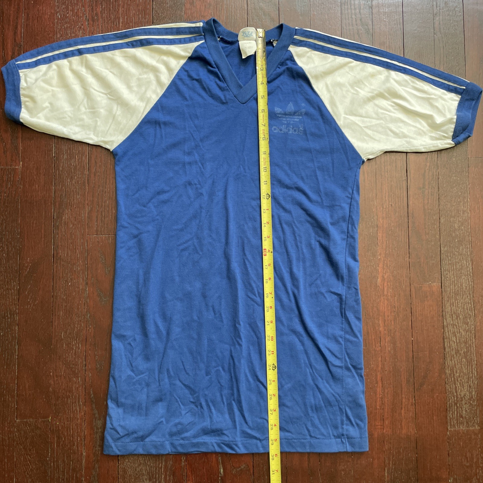 80s Vtg Adidas Trefoil USA MADE V-Neck LONG jersey Tee shirt blue white size M