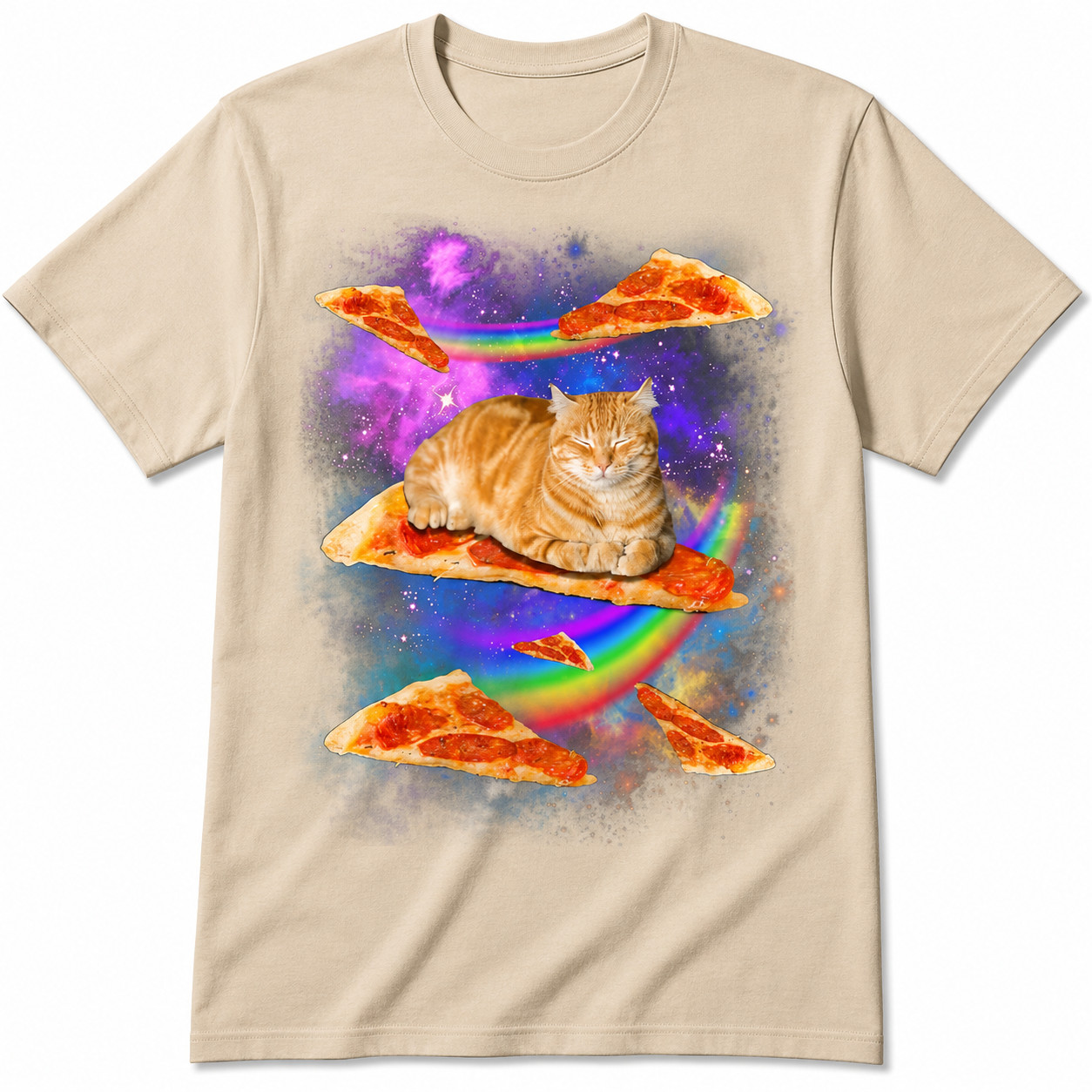 Funny Galaxy Cat Riding Pizza T-Shirt Space Rainbow Graphic Tee Men’s S-5XL