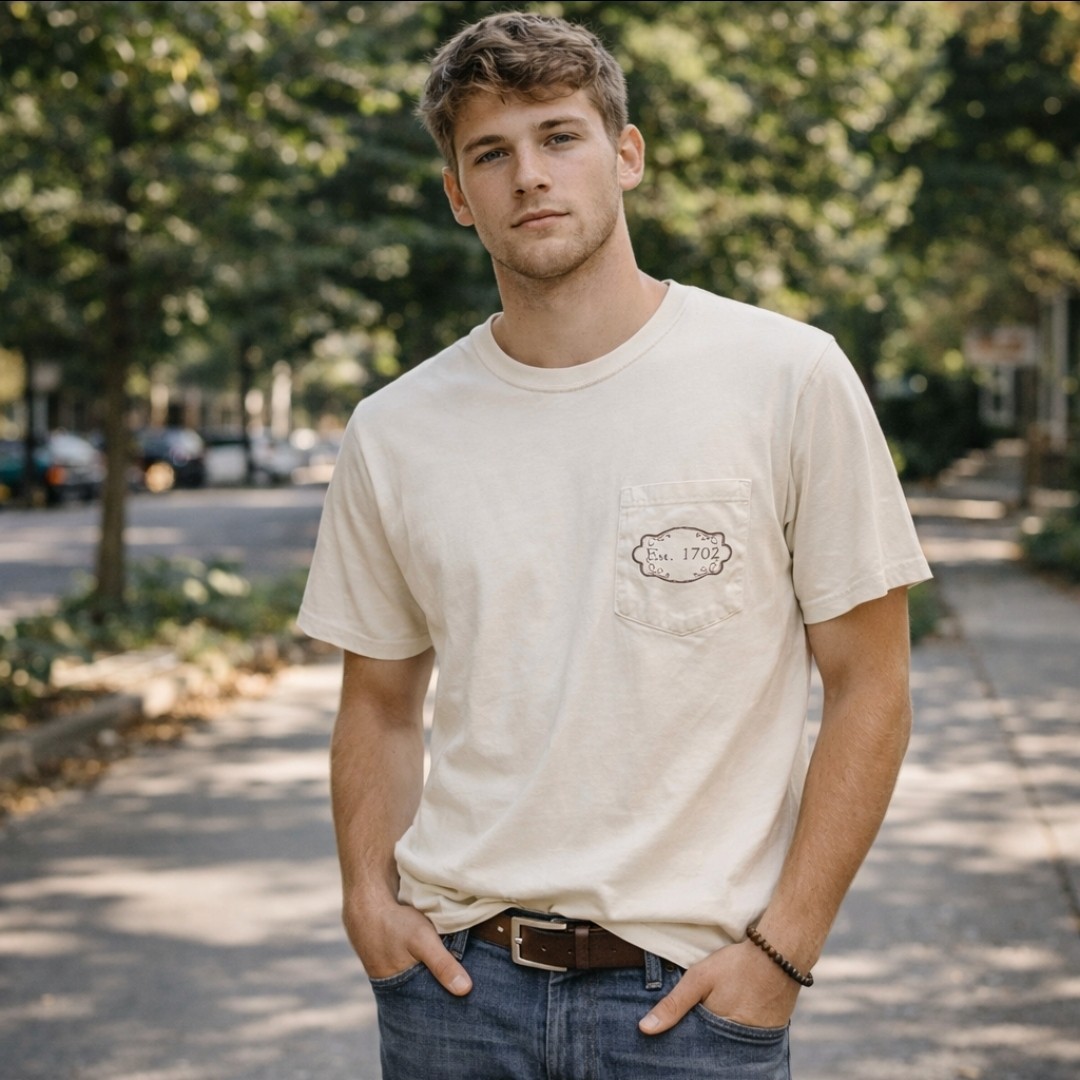 Comfort Colors 100% Cotton Pocket Tee M Cream Graphic Est. 1702 Soft Everyday