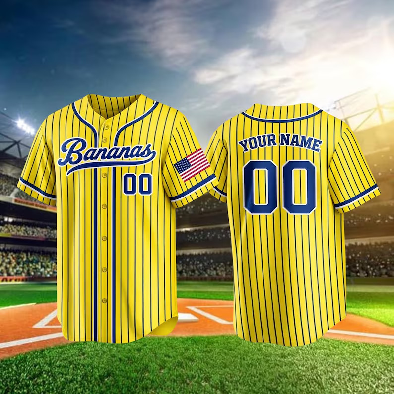 Custom Name Number Baseball Jersey Shirt US Flag Yellow Pinstripe Button Down