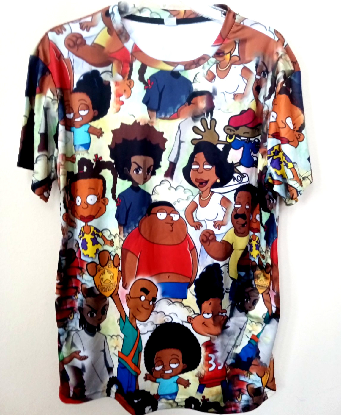 Black Animated Cartoon All Over Character Graphic Print T Shirt Size L