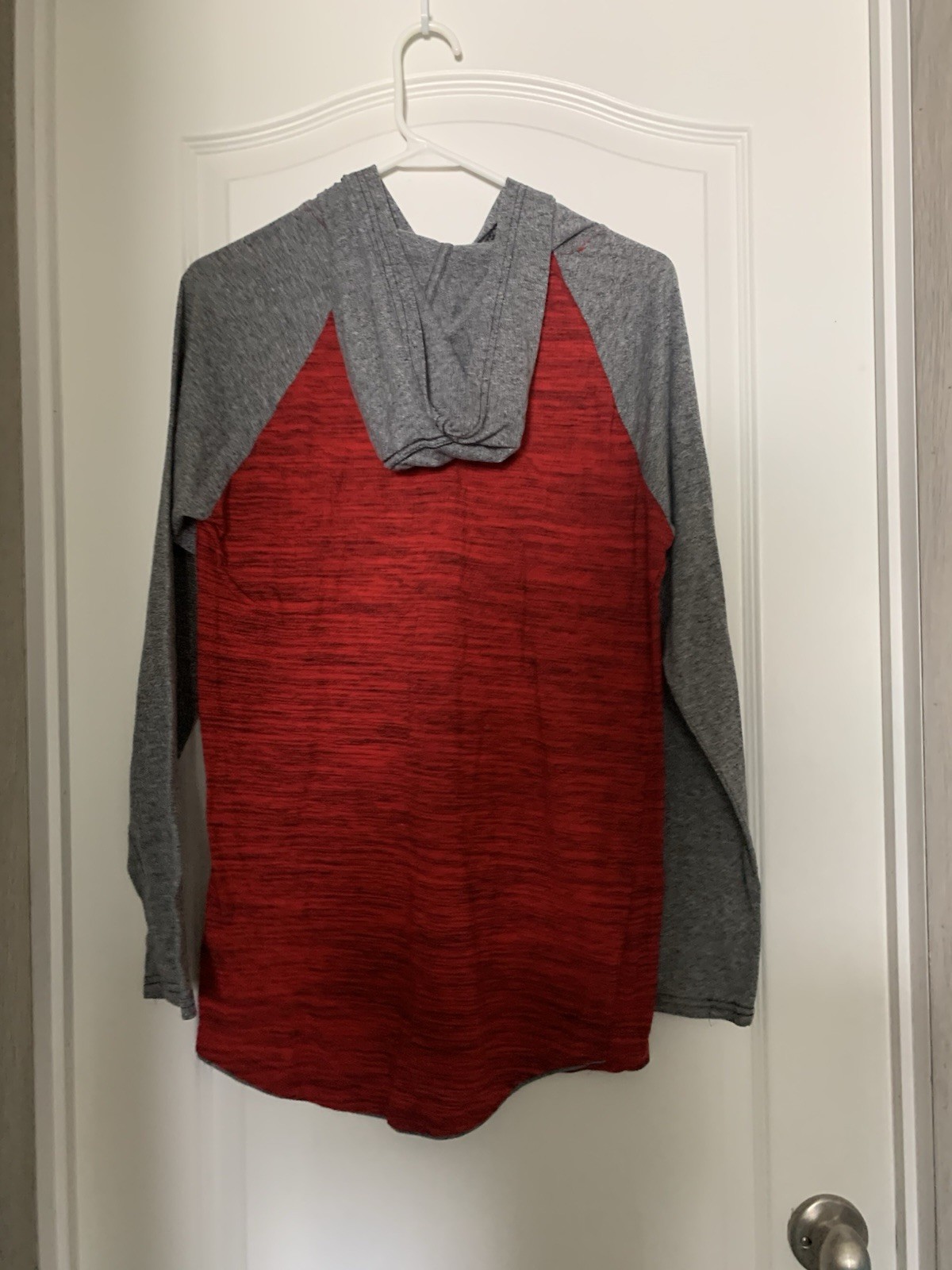 Depart West T Shirt Men’s Large Red Gray Hooded Long Sleeve Pocket B33-6