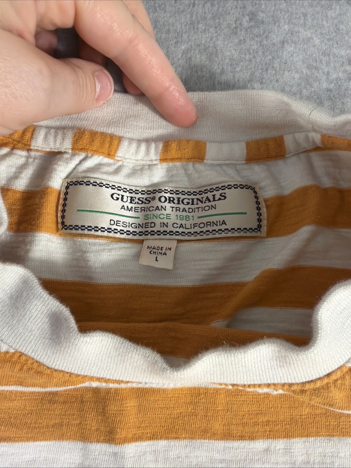 Vintage Guess Jeans USA Striped T‑Shirt Men’s Large 90s Yellow Cotton Logo