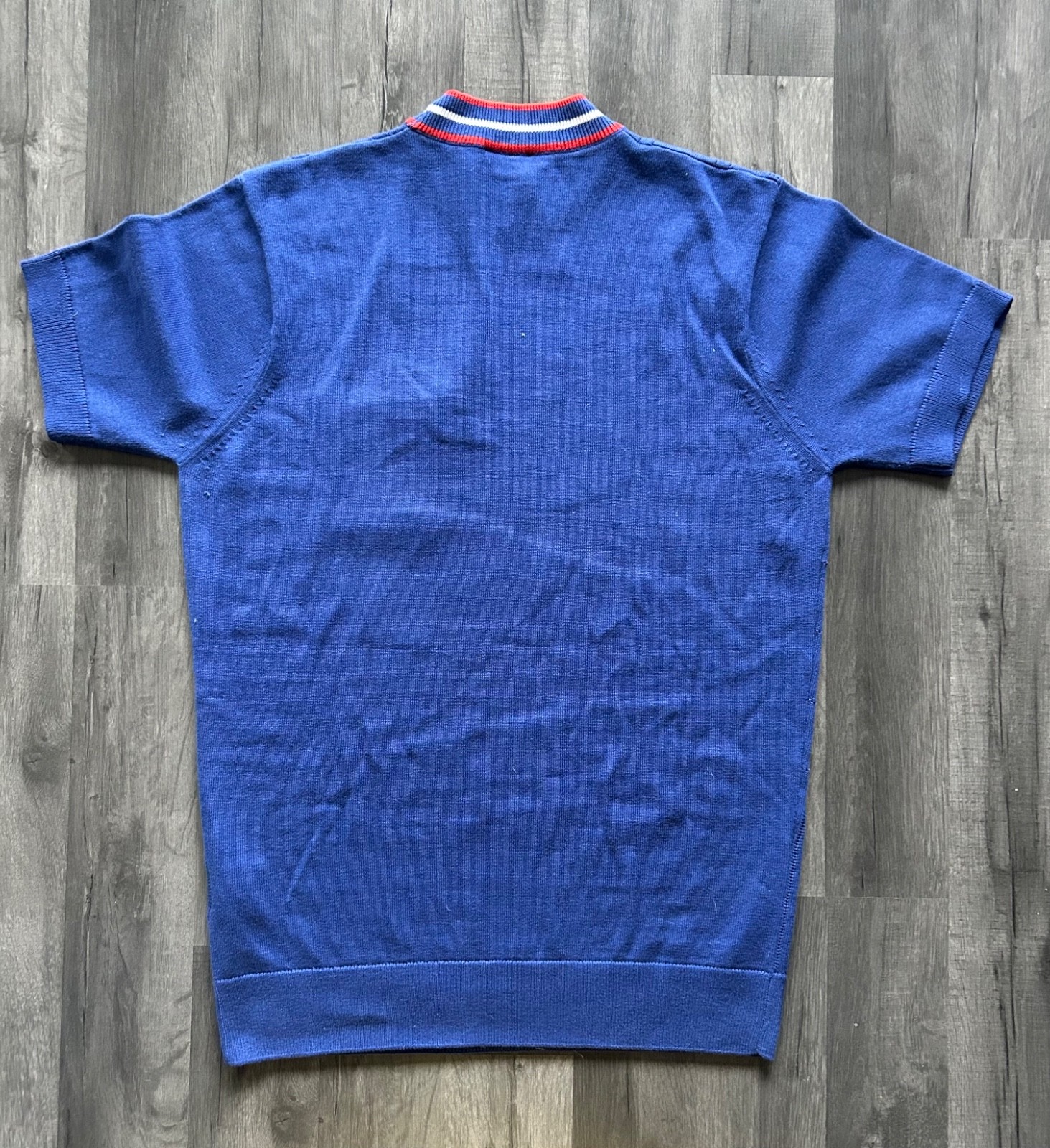 Gabicci Knit T Shirt Medium Blue Ringer High Round Neck Short Sleeve Pocket Tee
