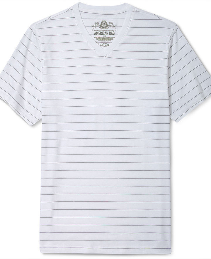 $110 American Rag Mens Beige Short Sleeve Striped Tee V-Neck T-Shirt Size S