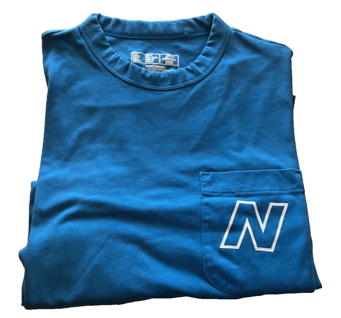 NB New Balance Stretch Blue Pocket T Shirt Unisex size Small Round Slit Hemline