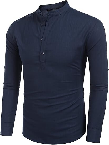 COOFANDY Men’s Cotton Linen Henley T-Shirt Long Sleeve Hippie Casual Beach Blue