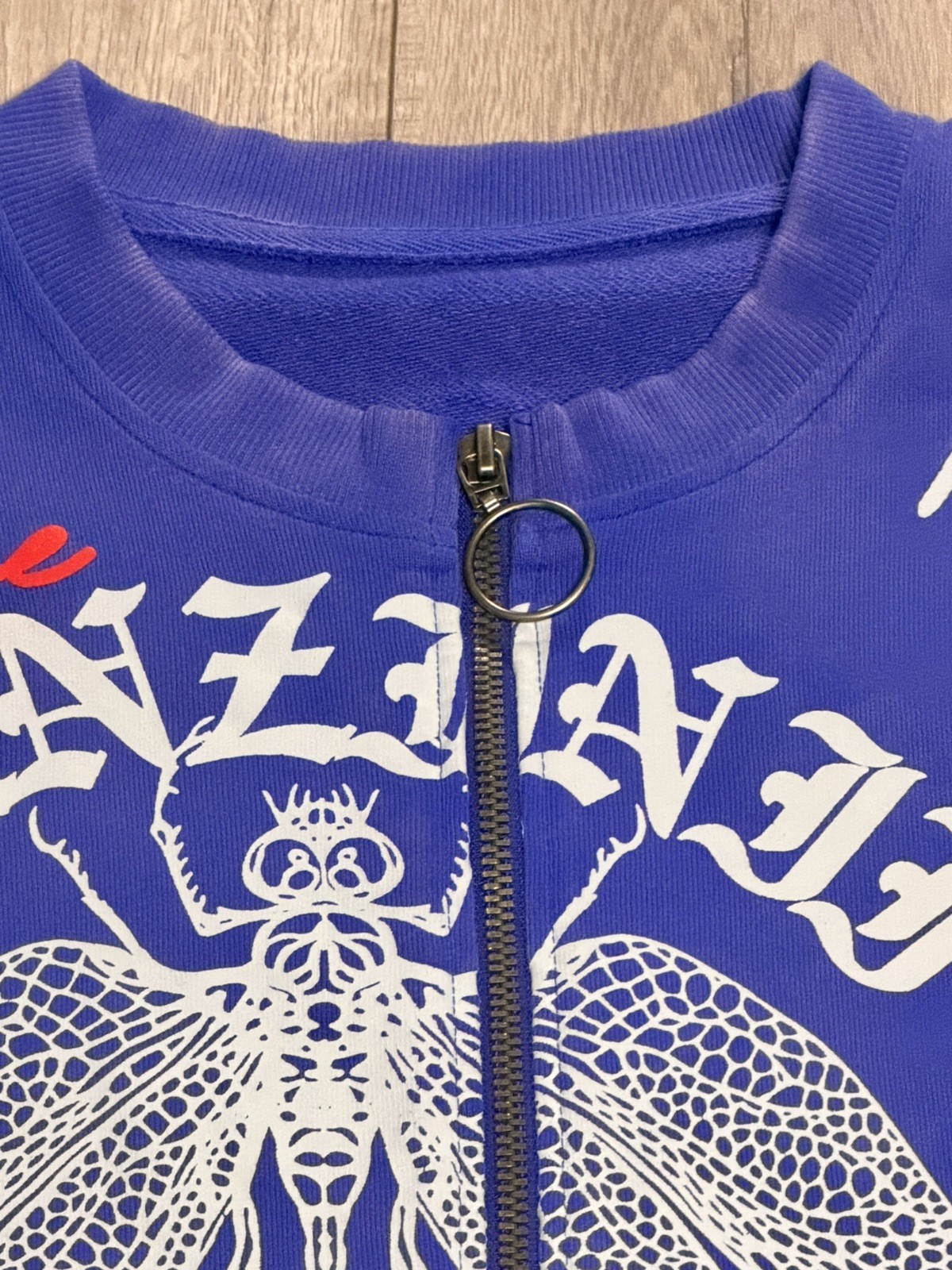 Gunzinii Full Zip Graphic Sweatshirt Blue Beetle Wings Distressed NWT Size Large