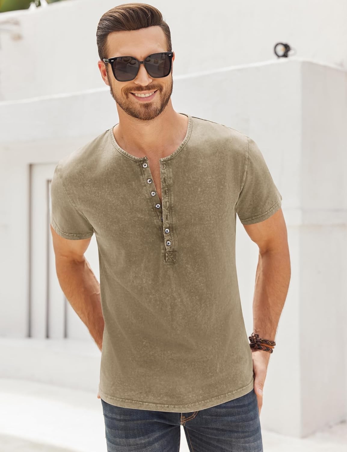 Mens Distressed Henley Shirt Short Sleeve Retro Washed Casual Slim Fit Tee