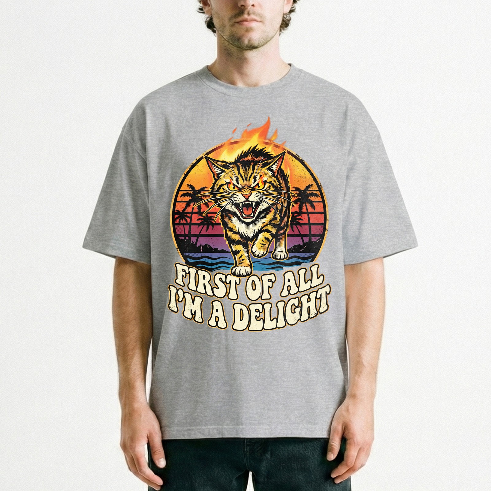 Angry Tiger Fire Eyes Tropical Beach Tee Retro Sunset Palm Trees T-Shirt