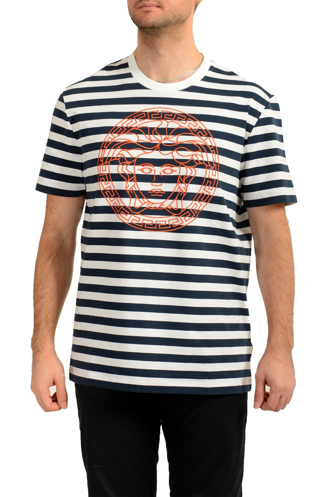 Versace Men’s Medusa Head Embroidery Striped Short Sleeve T-Shirt US 2XL IT 56