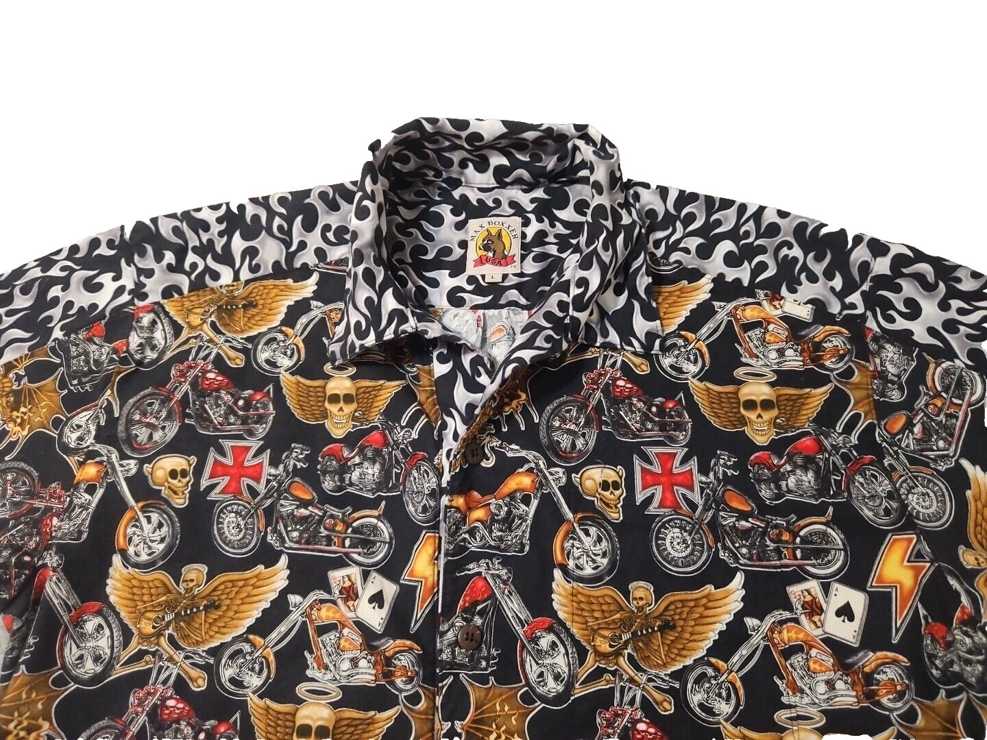 Max Boxxer Skulls Motorcycle Flames Cards Print Shirt Men’s Size Large Shirt