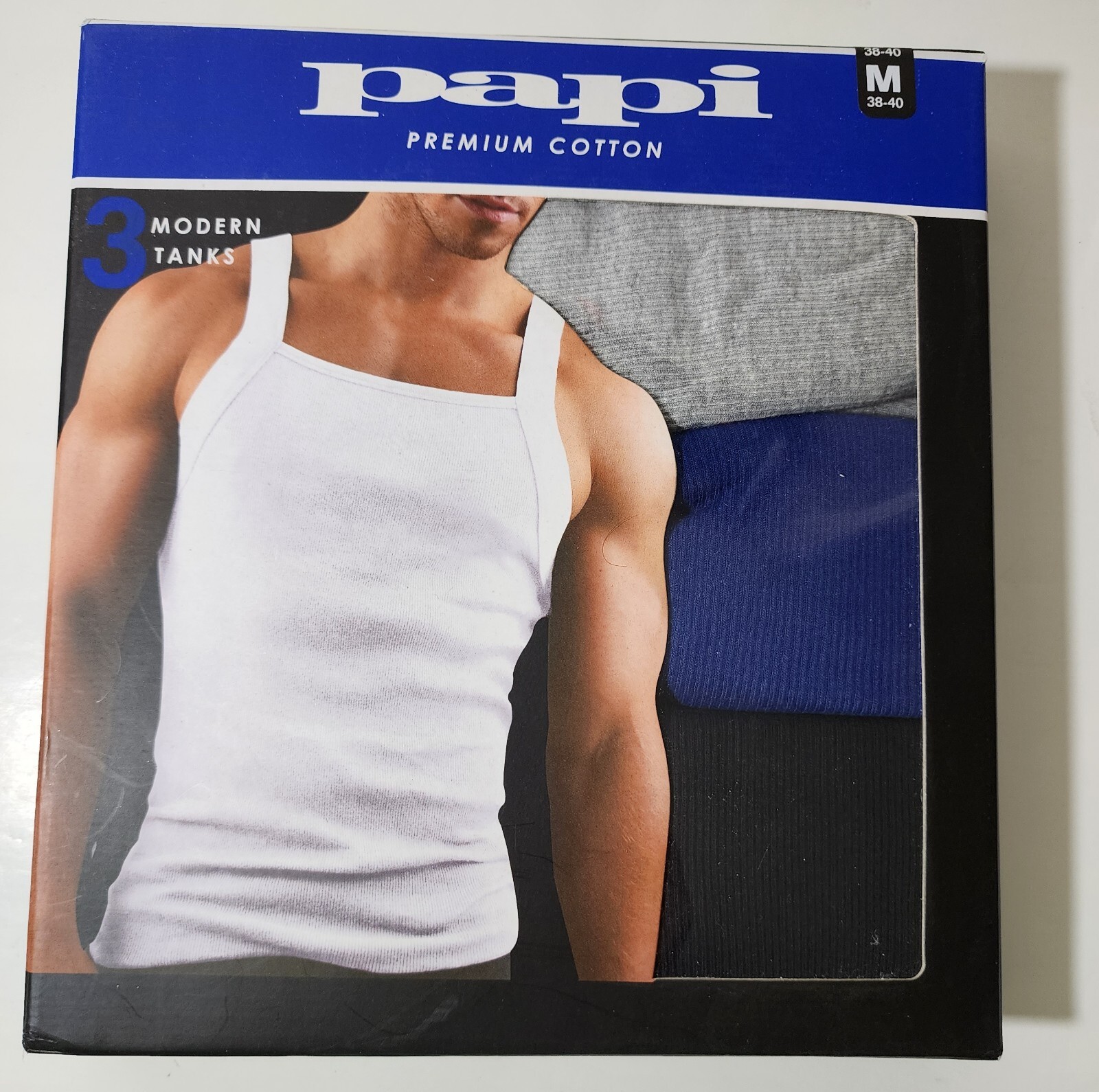 AUTHENTIC Papi Men’s 3-Pack Cotton Neck Modern Tanks Top Black Navy Gray M NEW