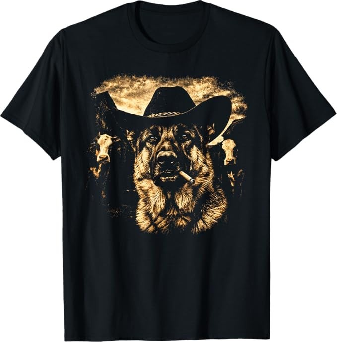 German Shepherd Western Graphic Cowboy Dog Smoking T-Shirt