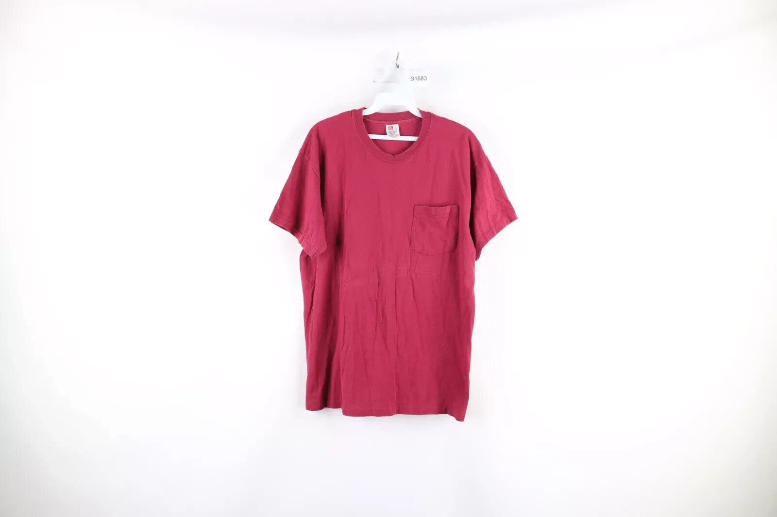Vintage 90s Streetwear Mens Large Faded Blank Pocket T-Shirt Burgundy Cotton