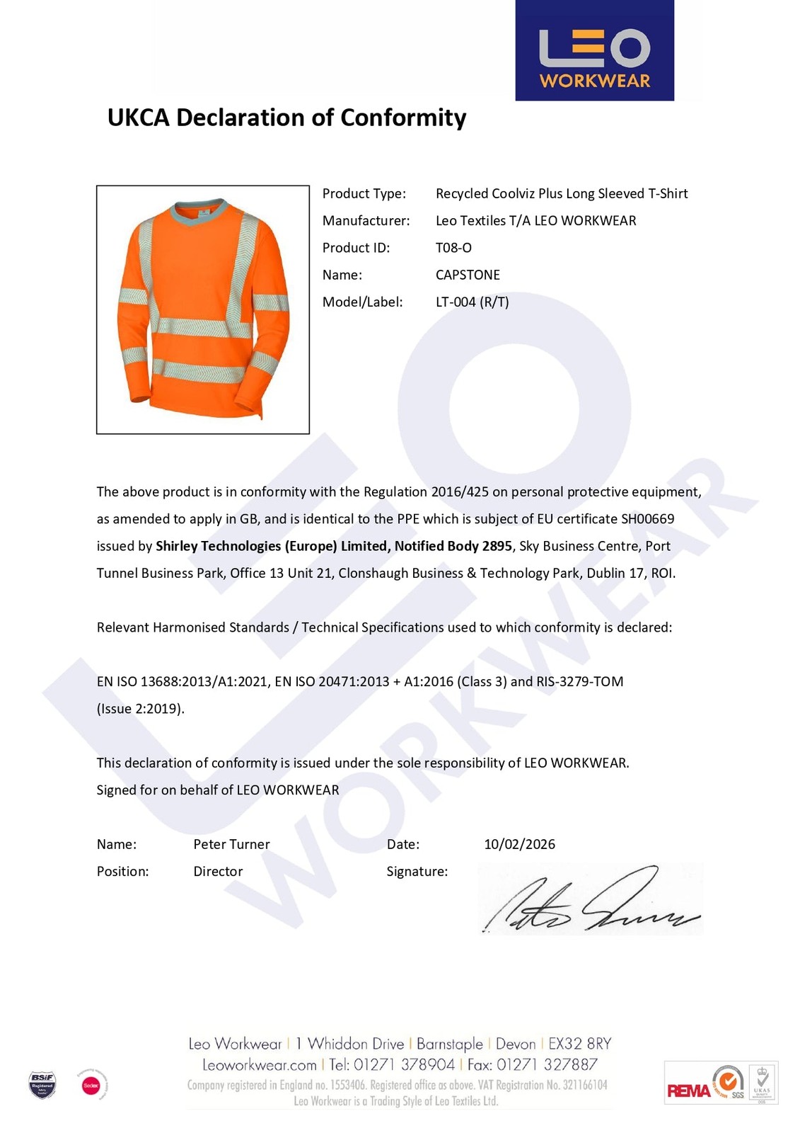 Leo Capstone Recycled Sustainable High Visibility Orange Long Sleeve T-shirt