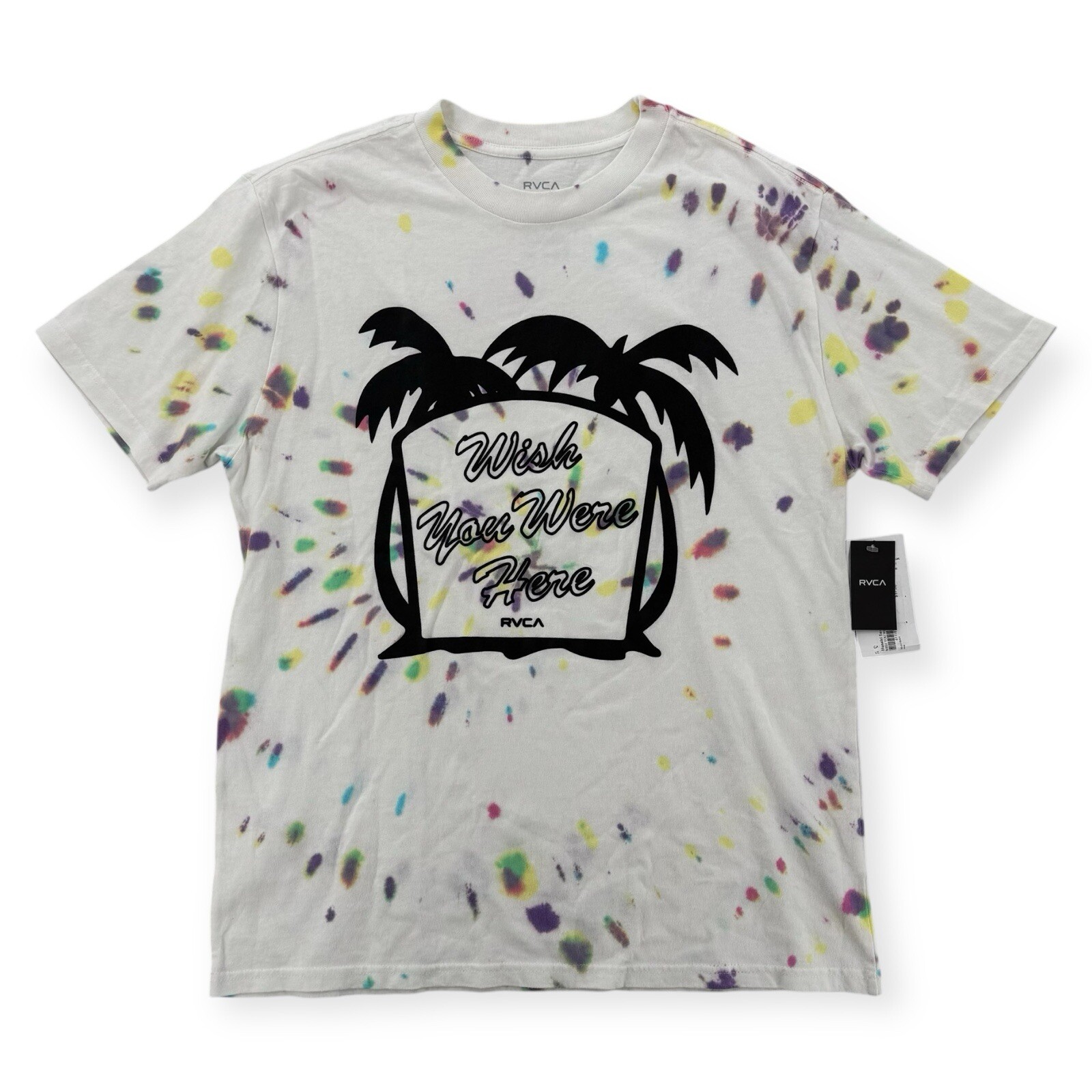 RVCA Dayshift Tee Mens Small Tie Dye Palm Tree Wish You Were Here Shirt NEW