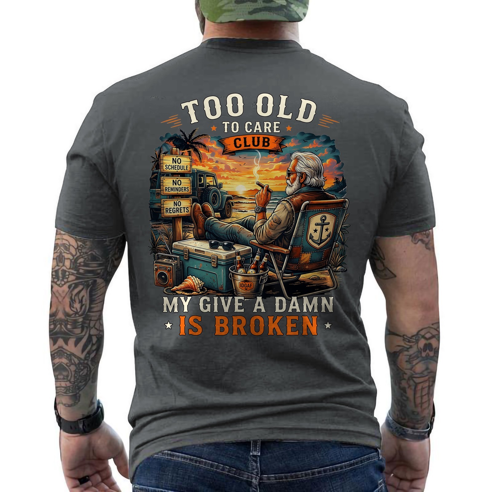 Too Old to Care Club Don’t Care My Give A Damn is Broken Retro ON BACK T-Shirt