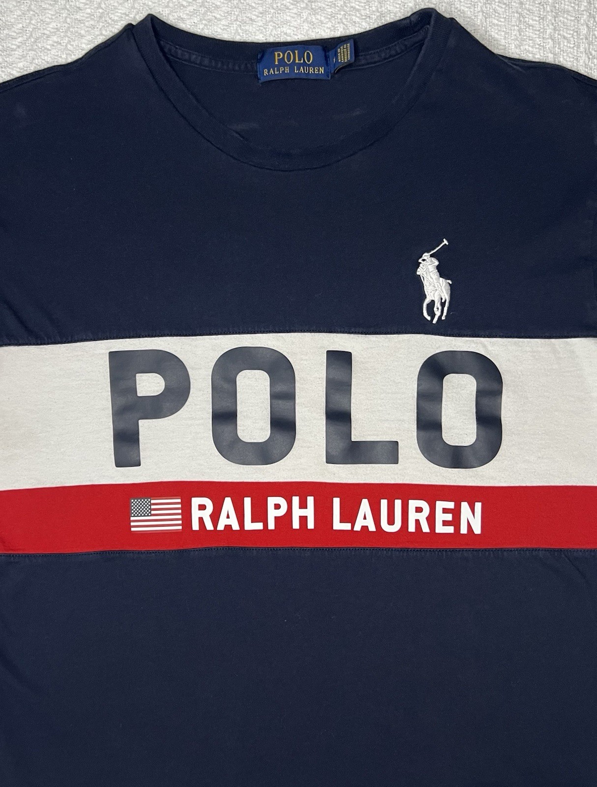 Polo Ralph Lauren Flag Logo Colorblock T-Shirt – Men’s Size M 20” X 24”– Navy