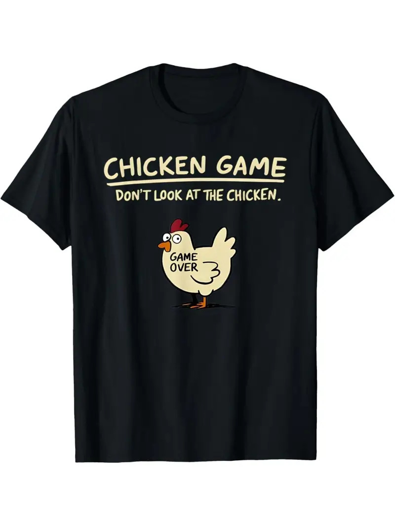 Funny ‘Chicken Game’ Graphic Tee – Casual T-Shirt, Black with Yellow Chicken Des