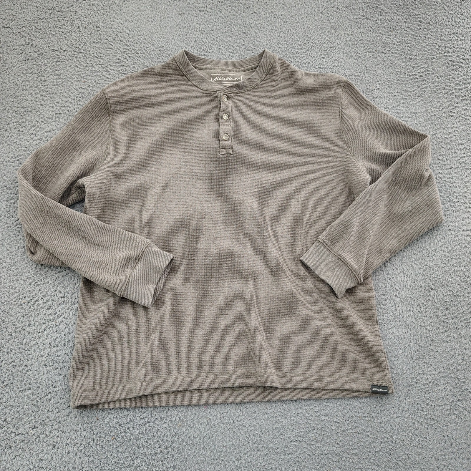 Eddie Bauer Thermal Shirt Mens XL Brown Waffle Knit Henley Long Sleeve Casual