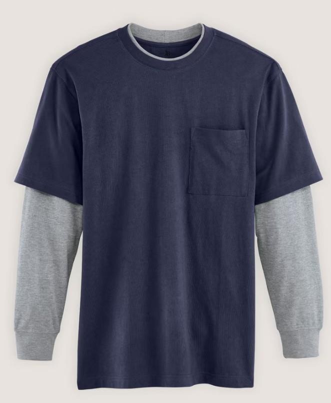NEW Mens Sz 3XL Navy Blue Layered Look Long Sleeve Pocket Tee Shirt JOHN BLAIR