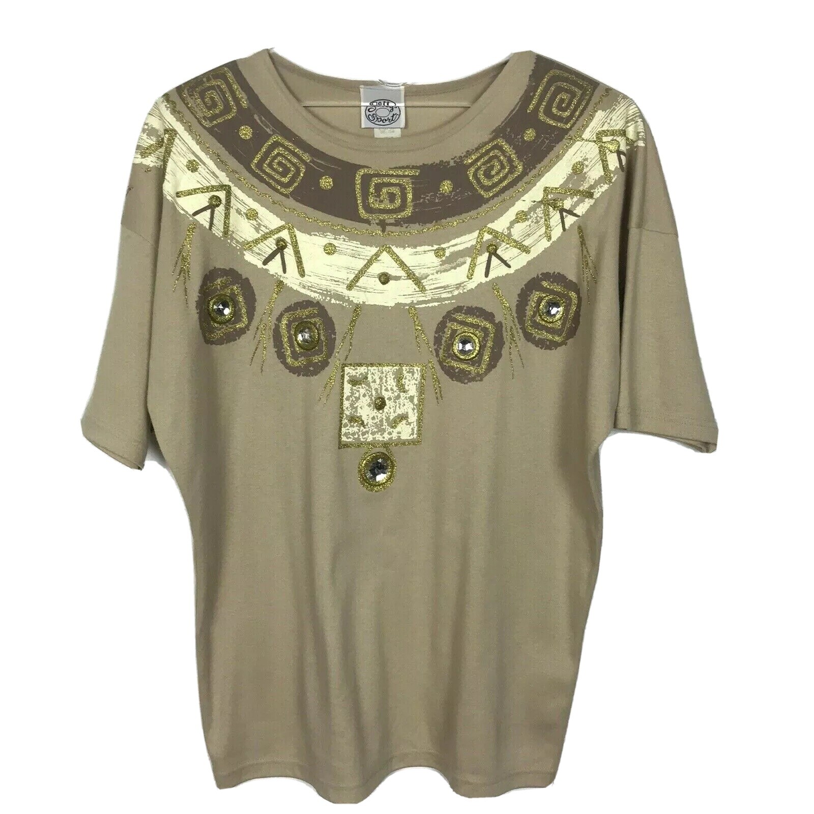 Vintage 90s Embellished Tee Womens Medium Beige Southwestern Coastal Grandma Top