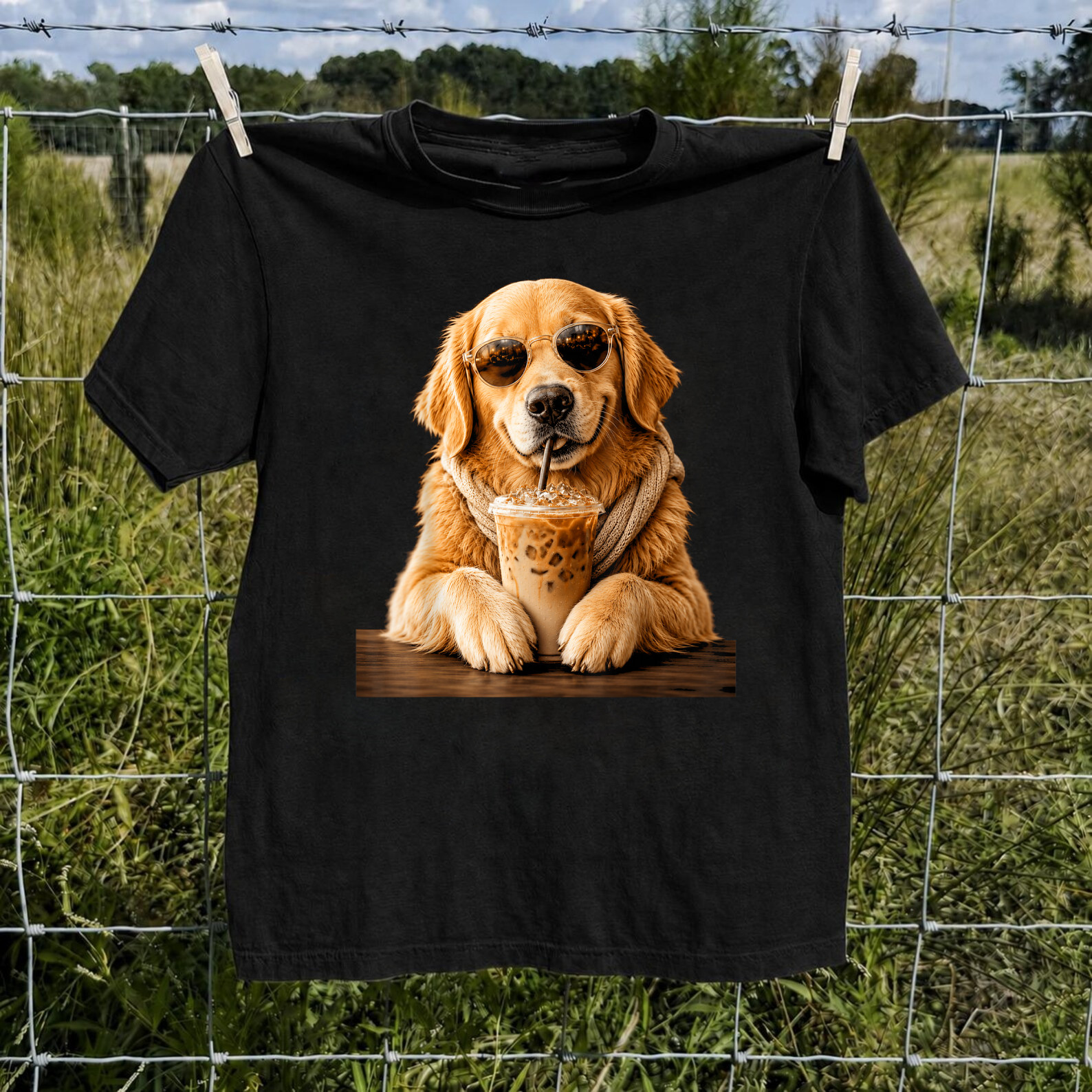 Golden Retriever Drinking Iced Coffee Funny Dog Lover T-Shirt