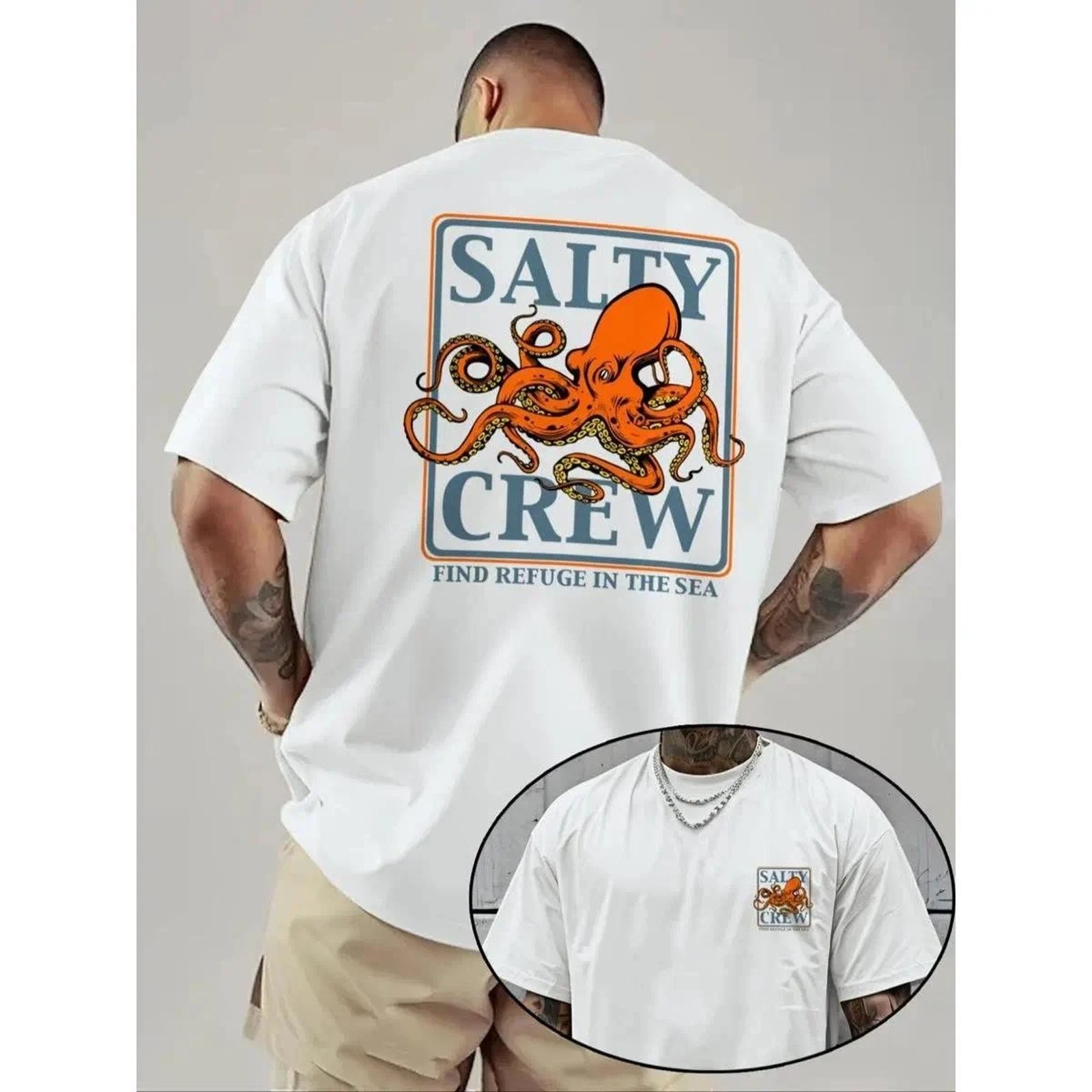Men’s Octopus Print Round Neck Tee, Fashion Casual Short Sleeve T-shirt NEW